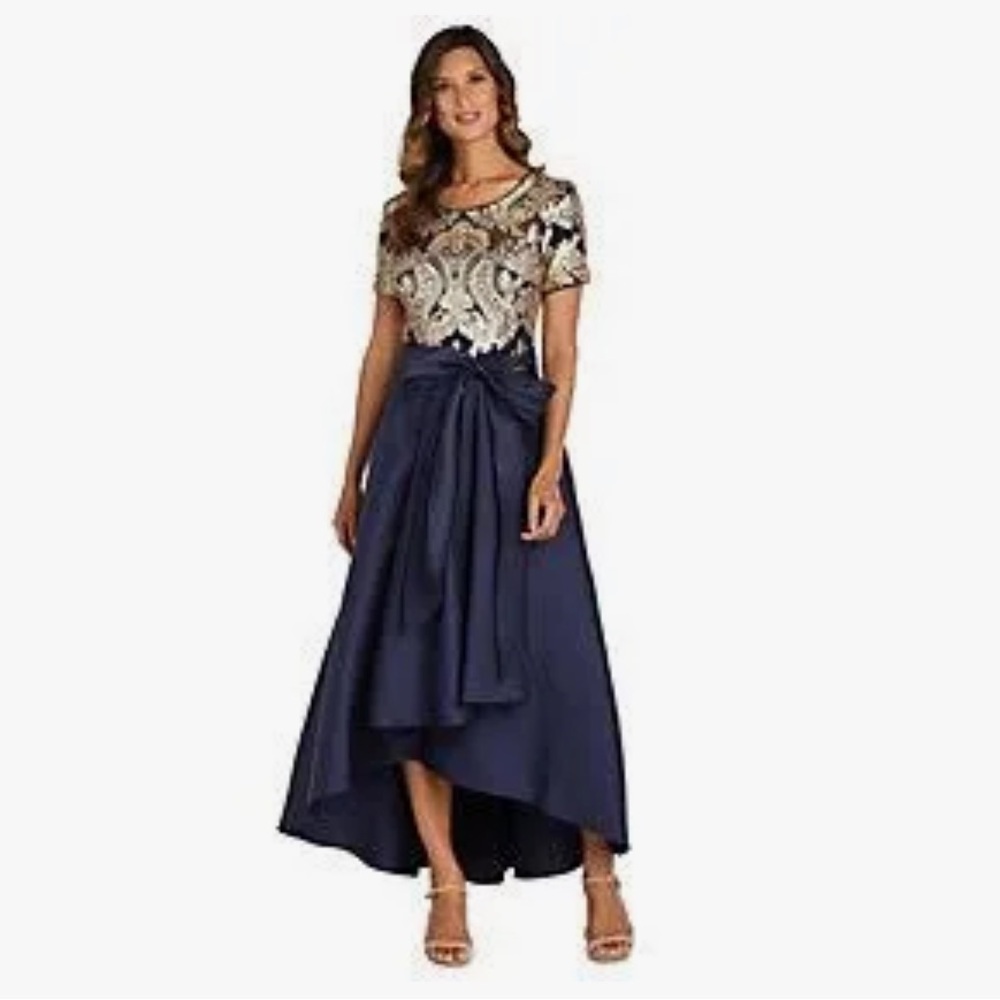 R&M Richards Navy Blue High-Low Dress with Gold Embellished Bodice
